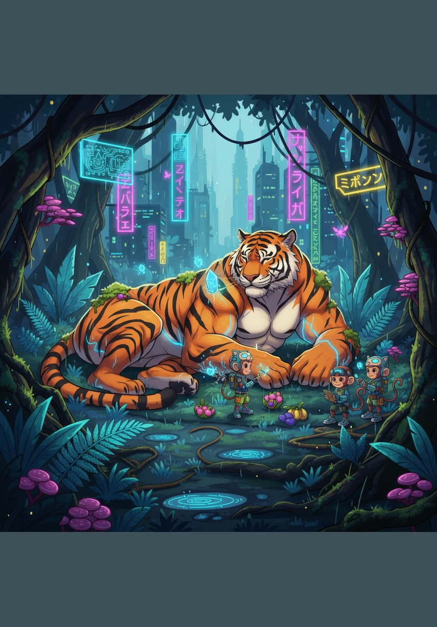 As the afternoon heat settles over the jungle, Taji invites the smaller animals to rest in the cool shade of his massive paws. He purrs a low, rhythmic song that lulls the rabbits and squirrels into a peaceful, safe nap.