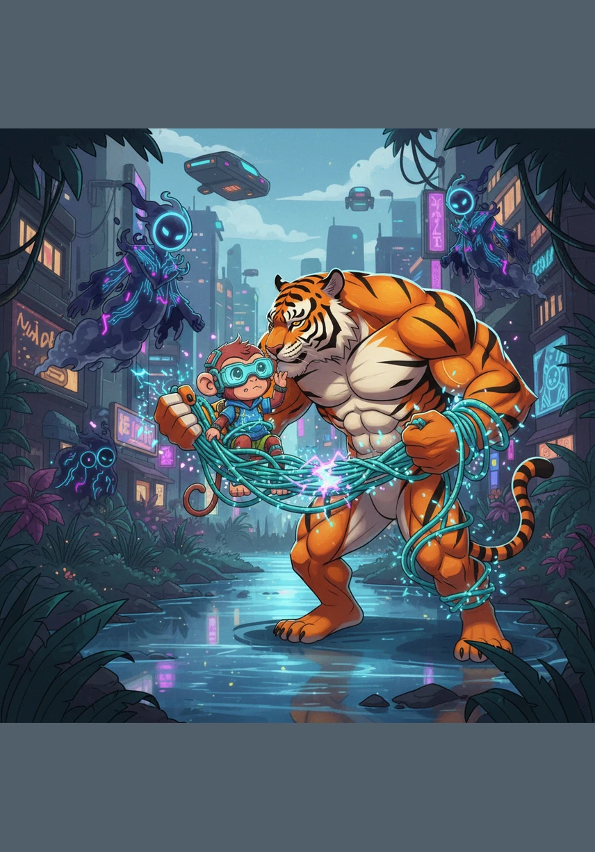 When a young monkey gets stuck in a tangled vine near the river, Taji uses his powerful but controlled strength to snap the trap. He gives the little monkey a playful lick on the head before sending him back to the safety of the trees.