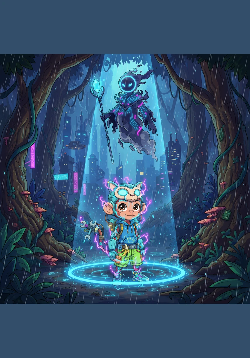 As the silver moon rises over the canopy, Taji’s gentle eyes transform into glowing amber orbs of fire. His fur seems to crackle with moonlight, and his soft purr turns into a low, rumbling growl that vibrates through the earth.