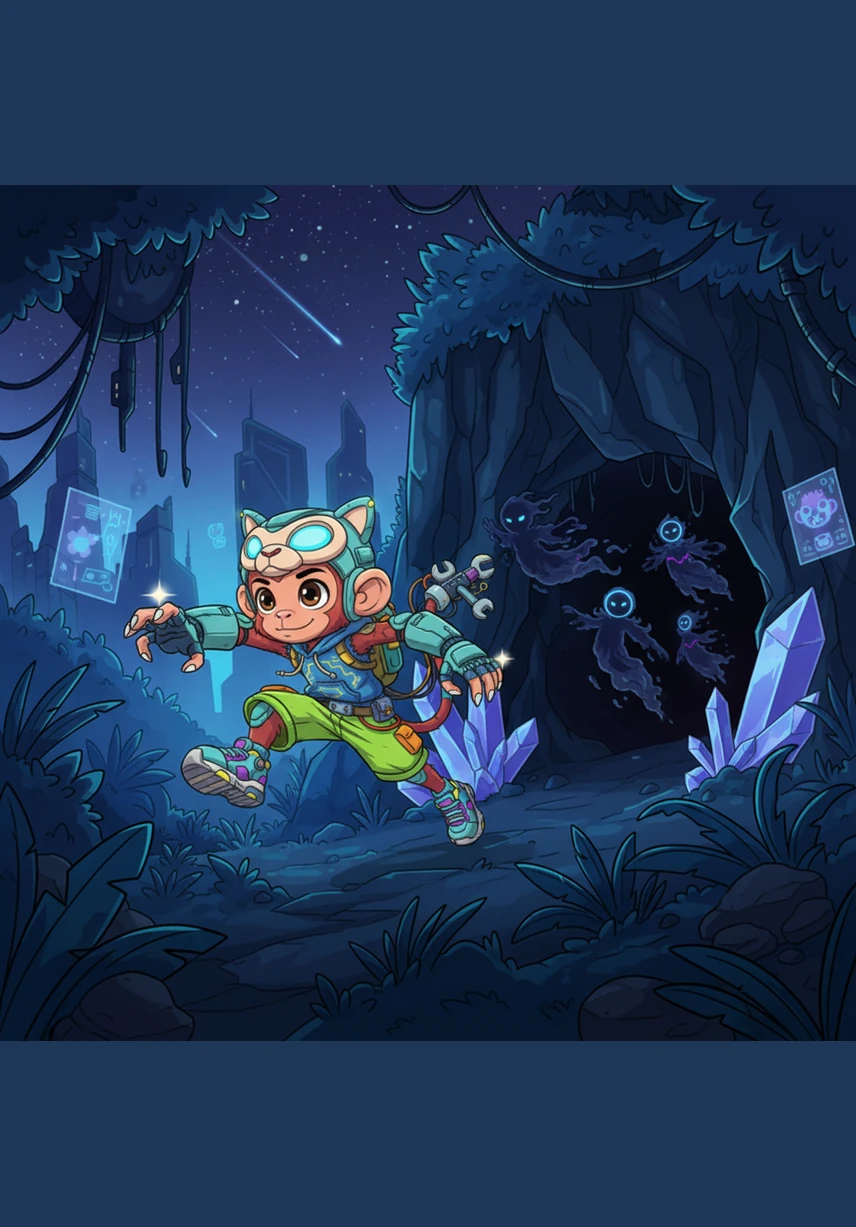 With lightning speed, Taji leaps through the undergrowth, a blur of orange and black against the midnight blue. He chases the shadows back into the deepest caves, his claws glinting like diamonds under the starry sky.