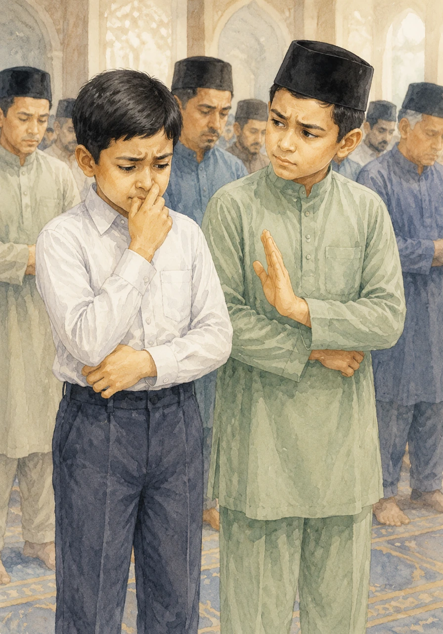 Semasa sedang berdiri tegak dalam saf, Amran tiba-tiba terasa gatal di hidungnya lalu menggaruk berkali-kali tanpa henti. Di sebelahnya, luqman memandang dengan dahi berkerut, memberi isyarat perlahan supaya Amran bertenang.