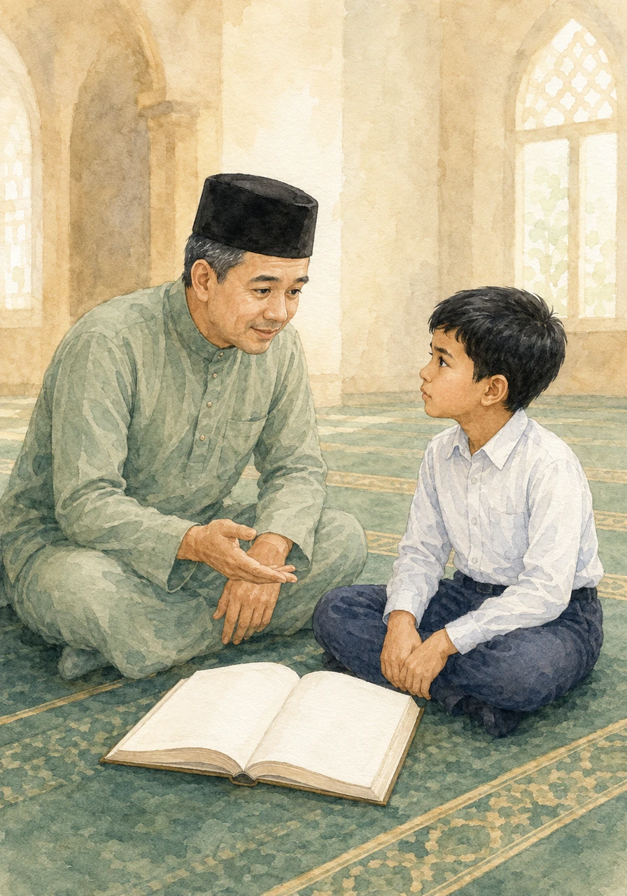 Selesai solat, Ustaz Anas memanggil Amran dan menerangkan dengan lembut bahawa pergerakan besar sebanyak tiga kali berturut-turut boleh membatalkan solat. Amran mendengar dengan teliti sambil melihat buku teks Pendidikan Islam Tahun 3 yang terbuka di hadapan mereka.