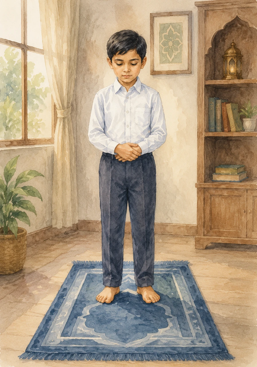 Amran berdiri di atas sejadah biru kesayangannya di dalam bilik yang tenang, bersedia untuk menunaikan solat secara bersendirian. Dia memastikan pakaiannya bersih, menutup aurat dengan kemas, dan menghadap ke arah kiblat dengan betul.