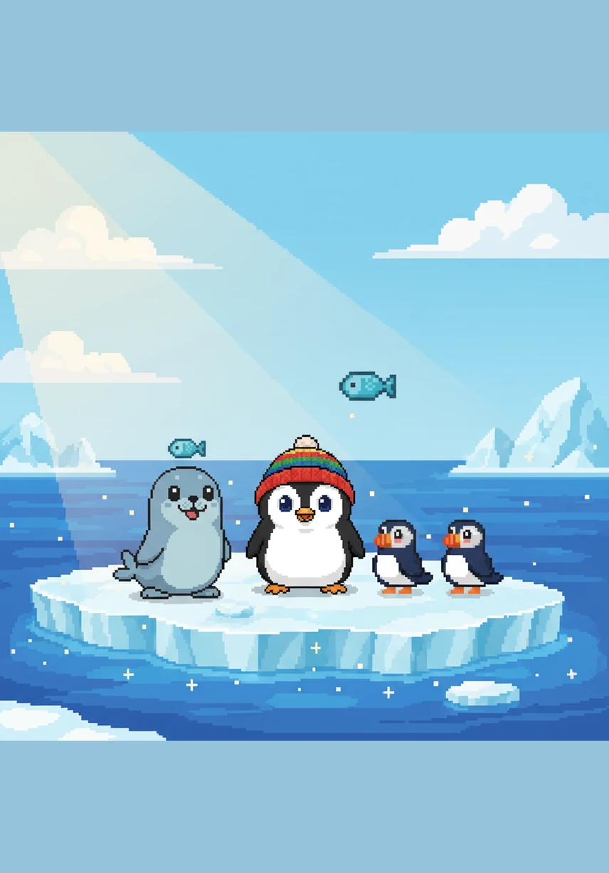 Pip the little penguin stands on a sparkling ice floe, his eyes wide with wonder. He holds up one single, shimmering silver star that he found tucked in the fresh morning snow.