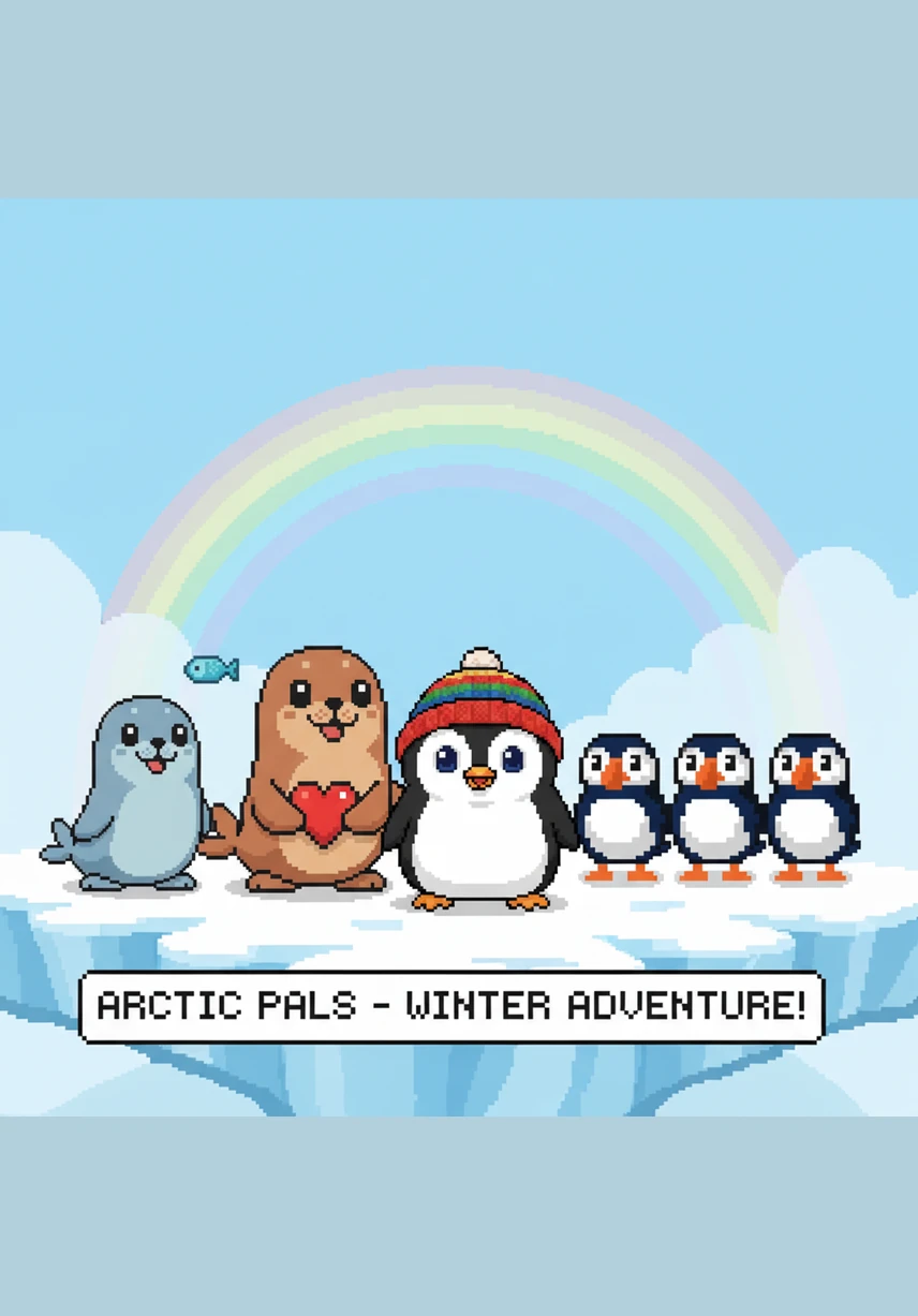 As Pip walks along the icy shore, he greets two happy seals resting on a flat, blue rock. The seals clap their flippers together, welcoming Pip to join their morning play under the bright sun.