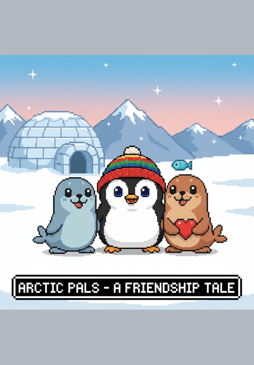 Pip and his new friends find three perfectly round snowballs stacked neatly near a frost-covered pine tree. They decide to use the snowballs to build a small, friendly snow-penguin with a carrot nose.