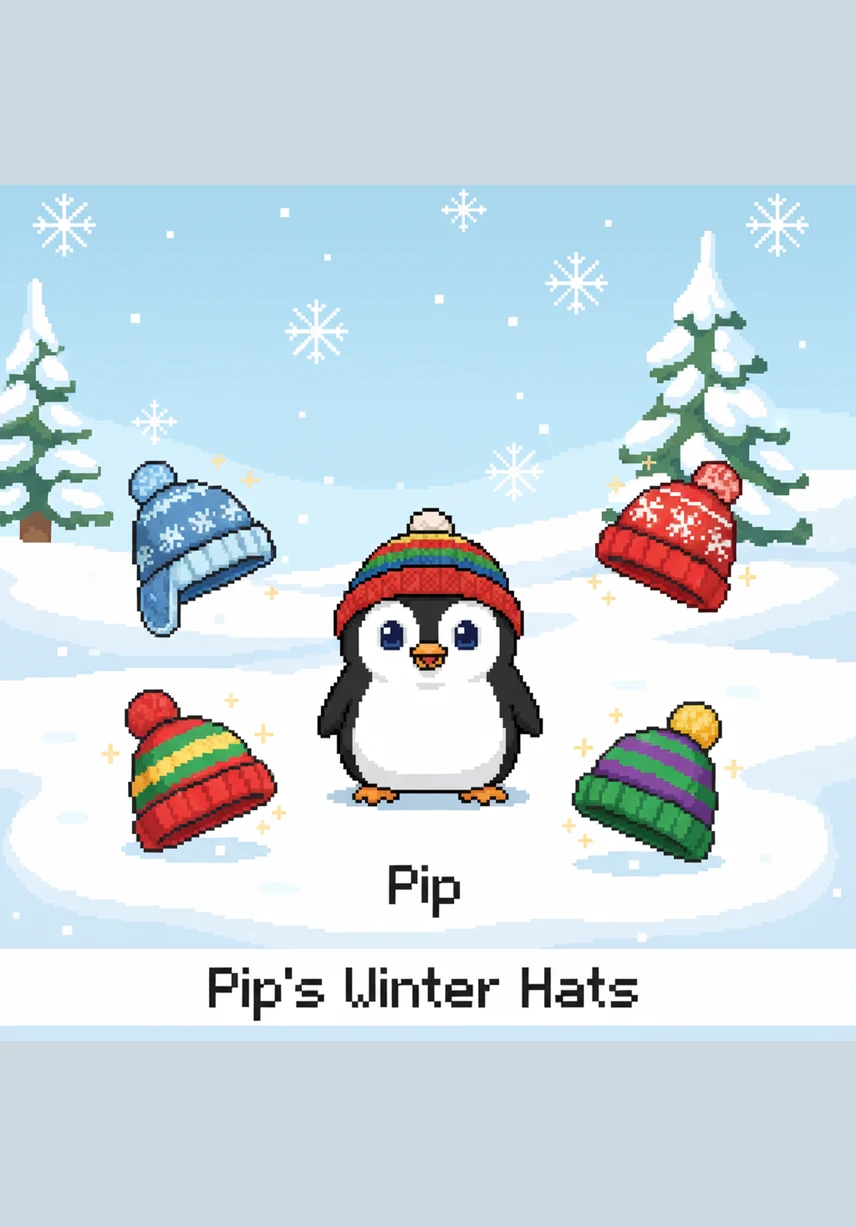 The wind begins to blow, so Pip discovers five cozy, colorful woolly hats hanging on a low, icy branch. He shares the warm hats with his friends to keep everyone's ears nice and toasty against the breeze.