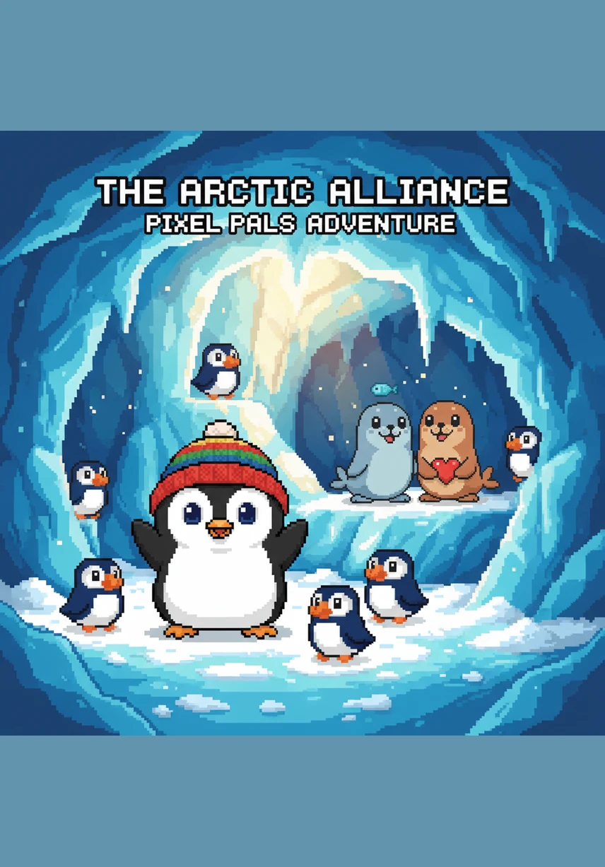 Inside a hidden ice cave, Pip points his flashlight at six twinkling ice crystals hanging from the ceiling. The cave glows with a magical blue light, reflecting like a thousand tiny mirrors on the frozen walls.