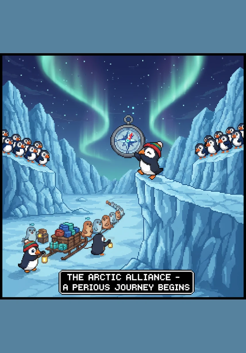 On a high snowy cliff, seven little puffins with bright orange beaks line up in a perfect row. They flap their wings excitedly, showing Pip the secret path toward the Great Mountain.