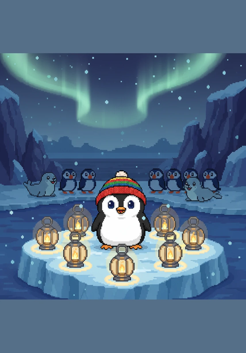As evening falls, Pip finds eight glowing lanterns lined up along a sturdy wooden bridge. The soft golden light guides his path through the deepening purple shadows of the arctic twilight.