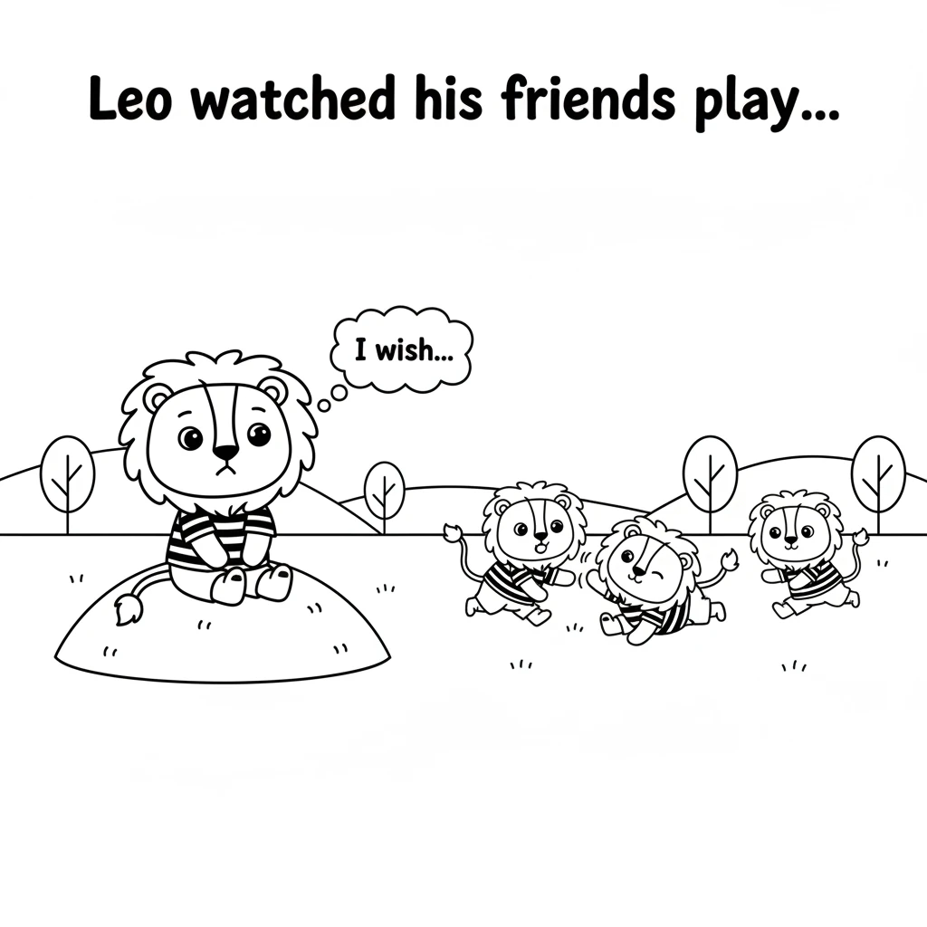 Leo the lion cub was smaller and quieter than his playful friends. He often watched them pounce and tumble from a little distance. His heart longed to
