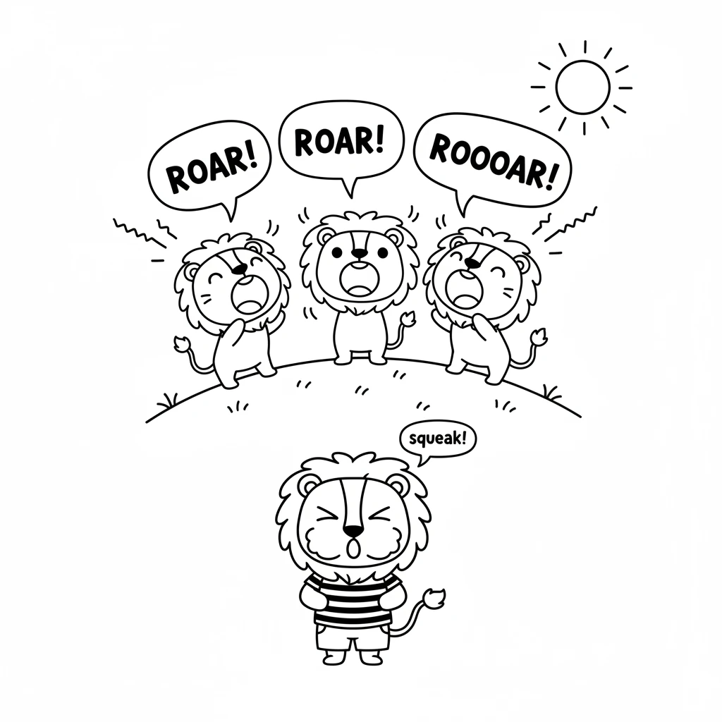 One sunny morning, the other cubs practiced their roars, big and booming. Leo took a deep breath, puffed out his chest, and tried his best. Only a tin