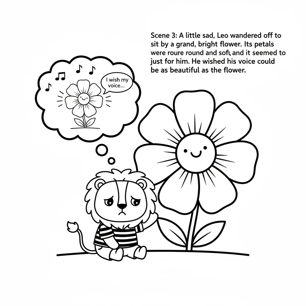 A little sad, Leo wandered off to sit by a grand, bright flower. Its petals were round and soft, and it seemed to smile just for him. He wished his vo