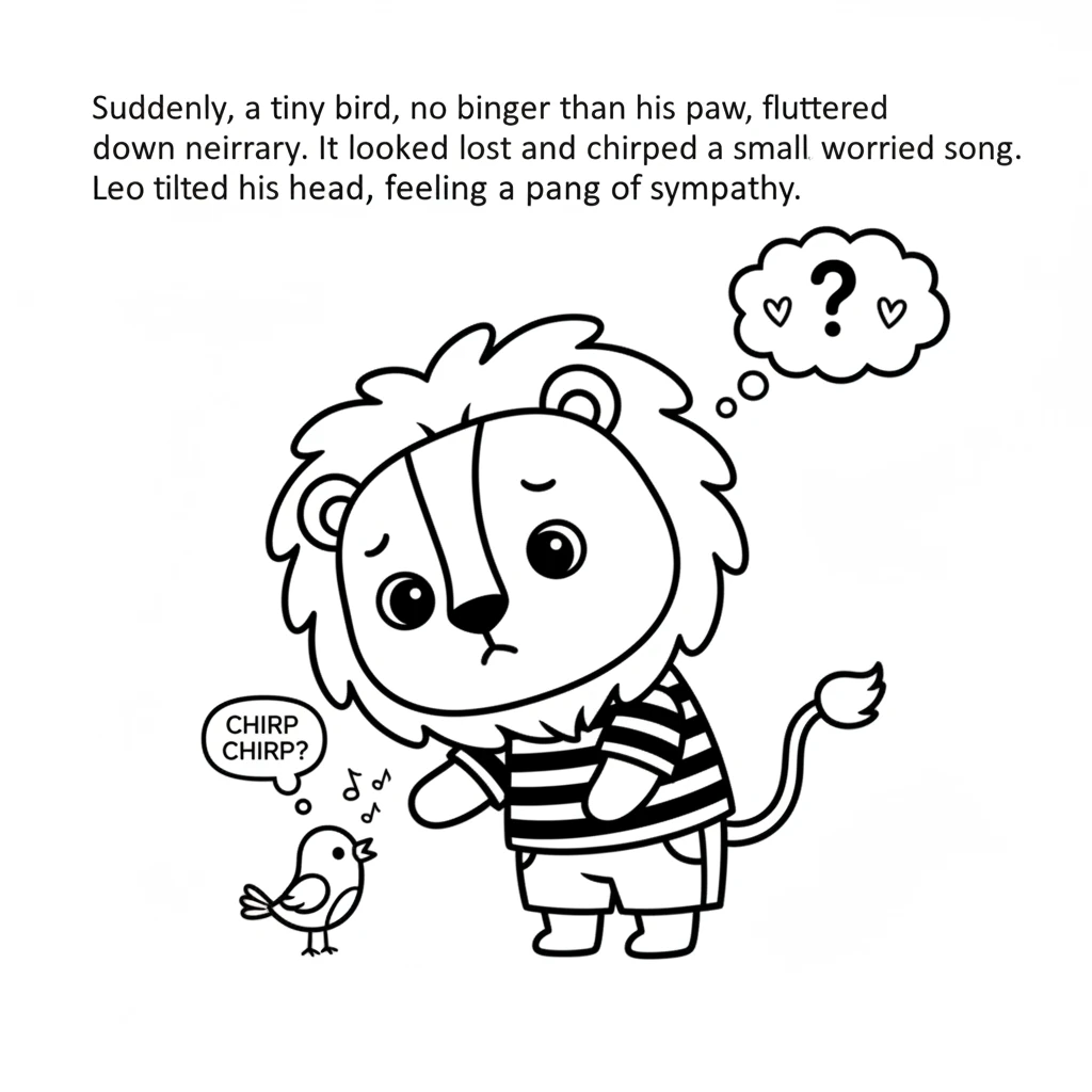 Suddenly, a tiny bird, no bigger than his paw, fluttered down nearby. It looked lost and chirped a small, worried song. Leo tilted his head, feeling a