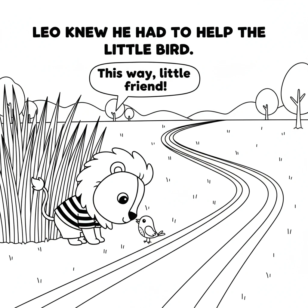 Leo forgot his shyness. He knew he had to help the little bird. Very gently, he nudged the bird with his nose towards a clear, winding path leading aw