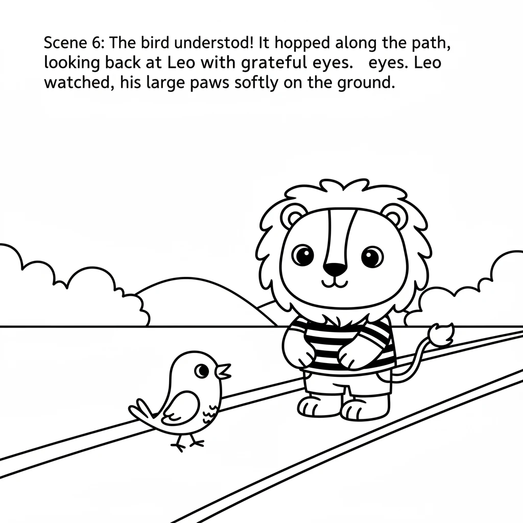 The bird understood! It hopped along the path, looking back at Leo with grateful eyes. Leo watched, his large paws resting softly on the ground.