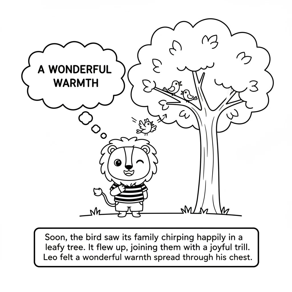 Soon, the bird saw its family chirping happily in a leafy tree. It flew up, joining them with a joyful trill. Leo felt a wonderful warmth spread throu
