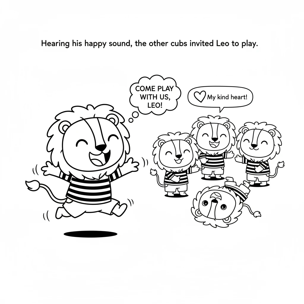 The other cubs, hearing Leo's happy sound, looked over. They saw his bright smile and invited him to play. Leo bounded over, knowing his kind heart wa