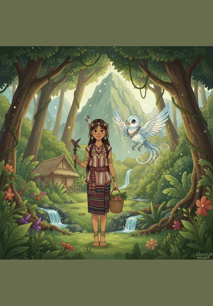 Deep in the emerald mountains, Luwa stands among the towering trees, her eyes closed as she listens to the whispering leaves and the melodic songs of hidden birds. The morning light filters through the canopy in soft, dusty beams, highlighting the rich textures of the lush forest.