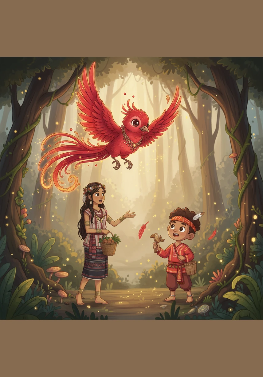 A vibrant tangkulo bird with feathers as red as embers flutters down to perch on Luwa's shoulder. The girl’s face lights up with a gentle smile as the tiny creature chirps a secret melody into her ear, signaling that it has something important to show her.