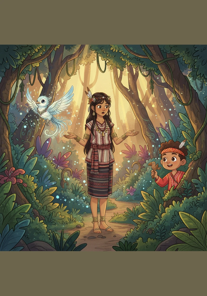 The bird leads Luwa to a hidden clearing where the vibrant green has faded to a sickly yellow and the plants droop toward the parched earth. Luwa kneels by the quiet riverbank, her expression filled with worry as she touches the wilting leaves of a once-strong fern.