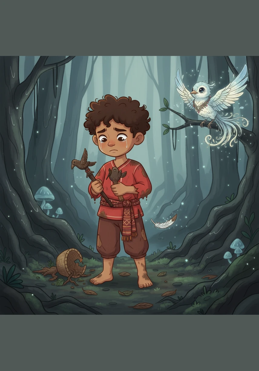 Luwa gazes in sorrow at a massive, ancient tree that has been felled, its thick trunk lying across the forest floor like a fallen giant. The tangkulo bird circles the stump anxiously, its bright red wings a sharp contrast against the dark, damp earth and the shadows of the woods.