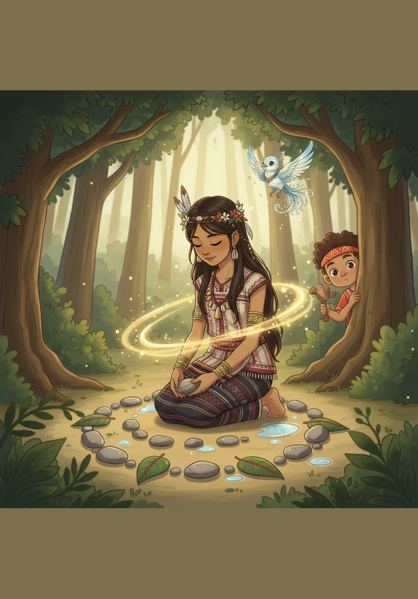 Under the shade of the canopy, Luwa carefully arranges smooth stones, vibrant leaves, and clear river water in a sacred circle on the ground. As she whispers a gentle prayer to the spirits of the forest, a warm, golden breeze begins to dance around her like a protective embrace.