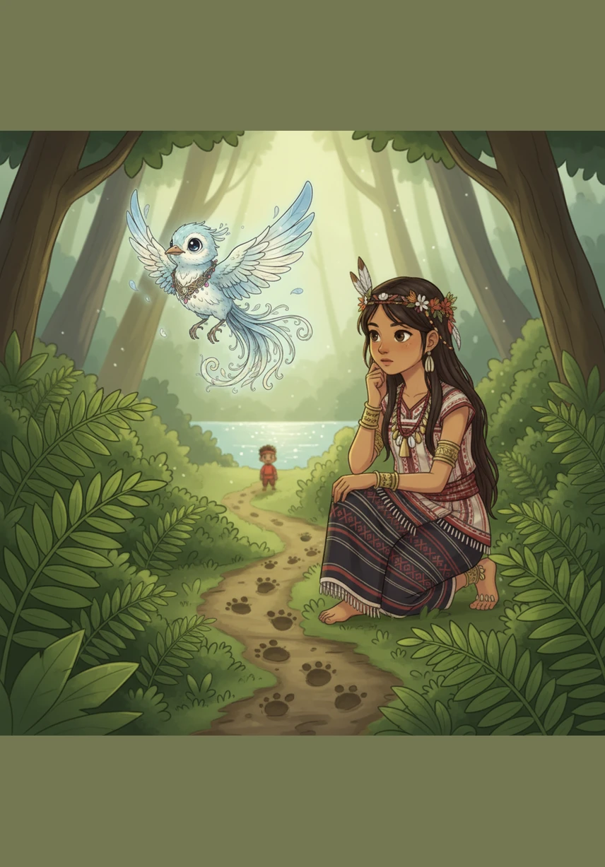 Following the tangkulo bird's guidance, Luwa discovers a trail of small, muddy footprints leading away from the clearing and toward the water. She follows the path through the ferns, realizing that the person who hurt the tree might have made a mistake rather than acting out of malice.