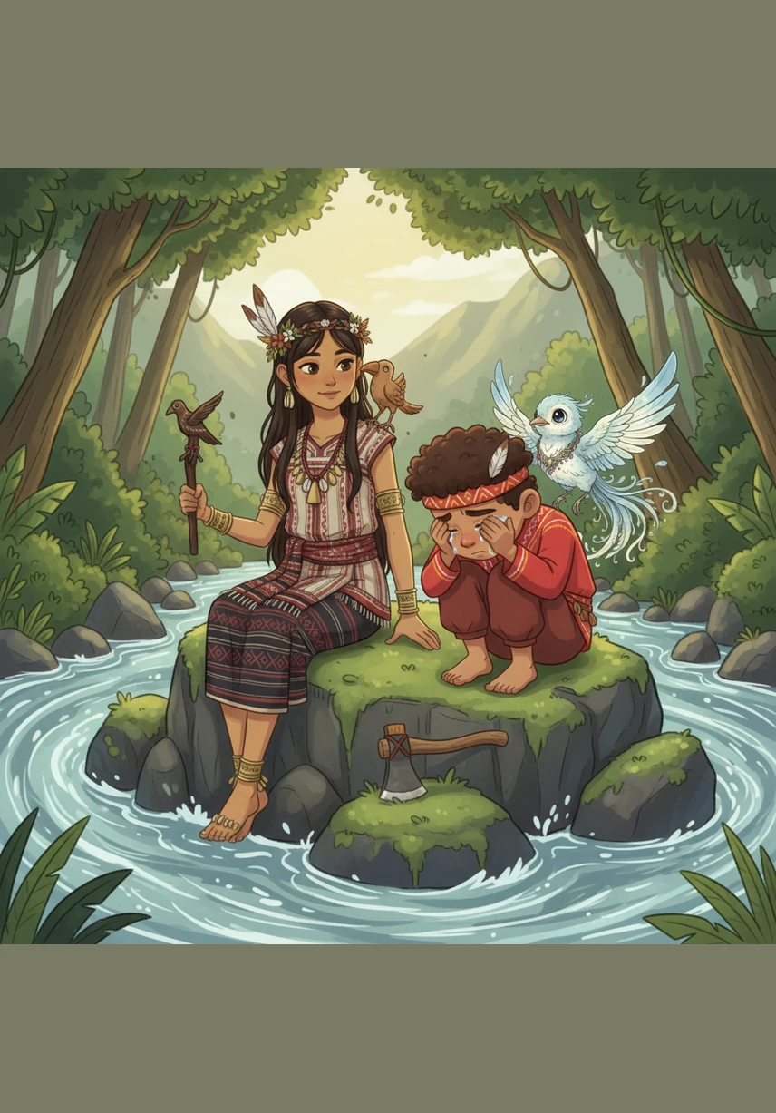By the edge of the rushing river, Luwa finds a young boy sitting on a mossy rock, sobbing into his hands with a small wooden axe resting at his feet. She sits beside him quietly, offering a look of compassion and understanding as he explains his wish to build a toy boat.