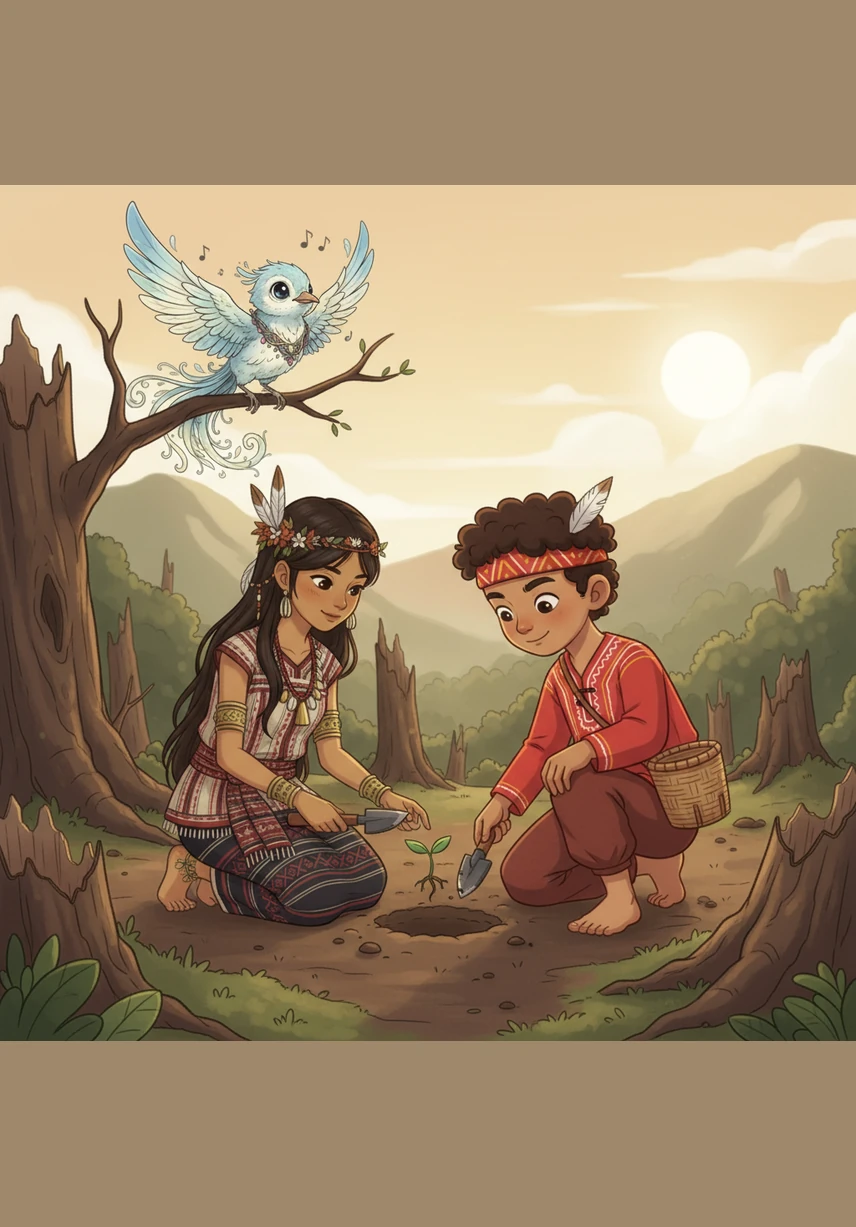 Together, Luwa and the boy dig into the soft earth to plant a delicate new seedling exactly where the old tree once stood. The tangkulo bird watches from a nearby branch, chirping a song of hope as the two children work side by side to mend the broken forest.