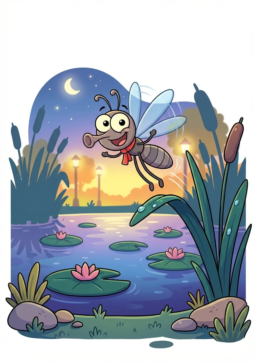 Milo the mosquito lived near a dark, still pond, surrounded by tall reeds and lily pads. Every night, as the moon began to glow, Milo felt a thrill of excitement. He loved to spread his tiny wings and fly to the brightly lit park in the distance.