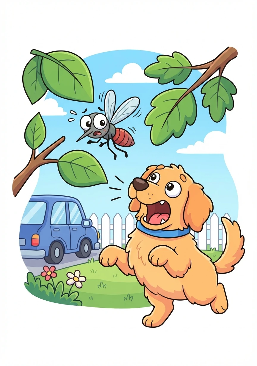Suddenly, as Milo flew near a parked car, he heard a loud, booming bark. A large, fluffy dog was standing in a nearby yard, its eyes fixed on the tiny mosquito. Milo was smart, so he quickly flew away, dodging branches and leaves.