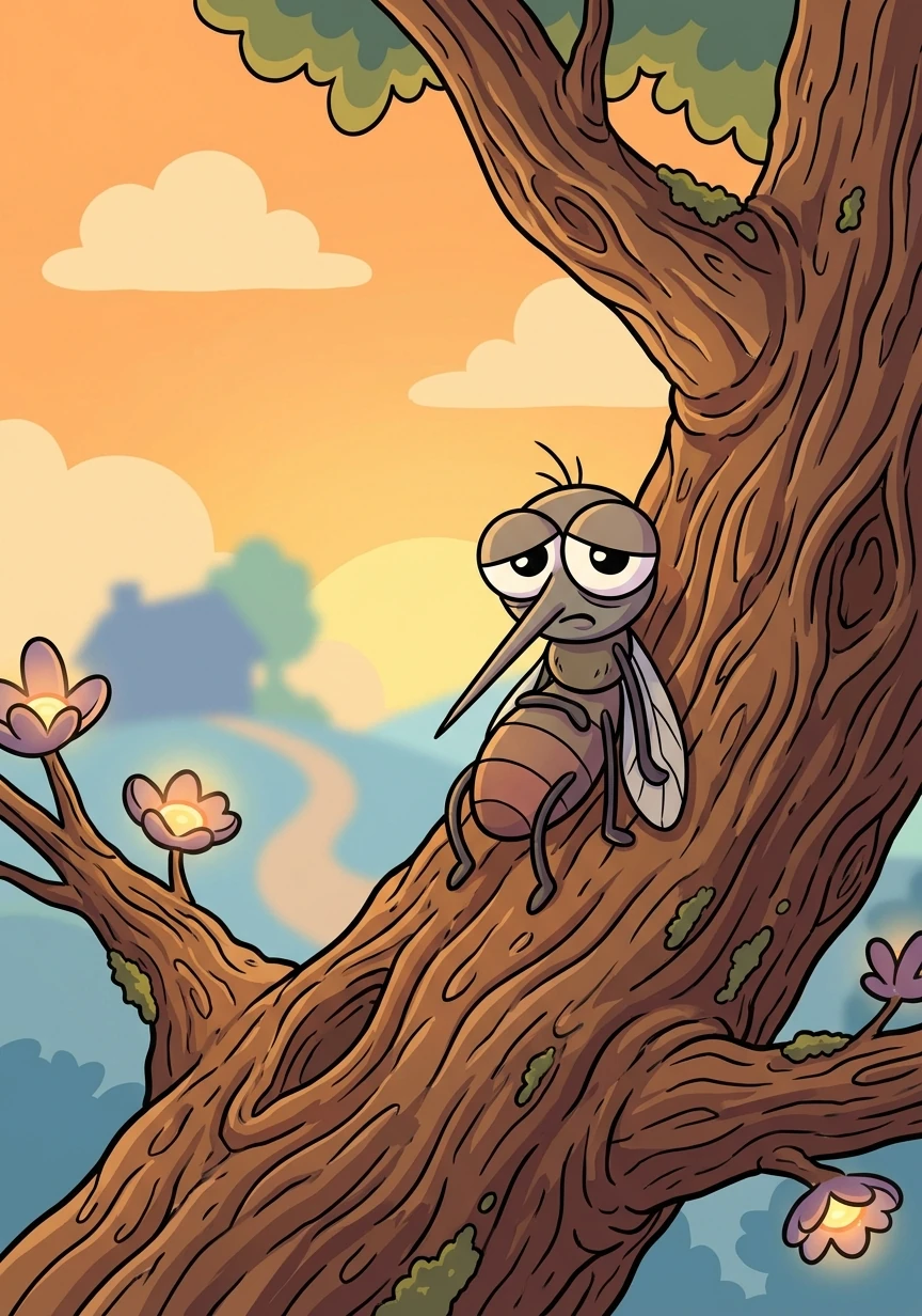 Feeling a little tired, Milo landed on the rough bark of a tall oak tree to rest. The warm air carried the faint scent of people from far away. He knew that girl mosquitoes sometimes bite people, but he preferred the sweet nectar of flowers.