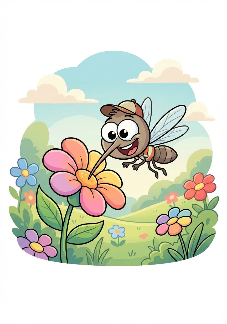 Unlike the girl mosquitoes, Milo was a boy mosquito. He didn't like to bite people. Instead, he loved to drink from the colorful flowers in the park's garden. The sweet nectar was his favorite treat.