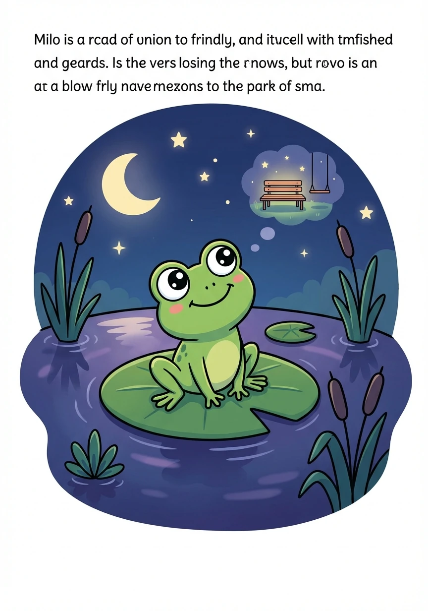 Milo flew back to his dark pond, landing gently on a lily pad. He felt happy and safe in his quiet home, dreaming of his next exciting trip to the park under the stars.
