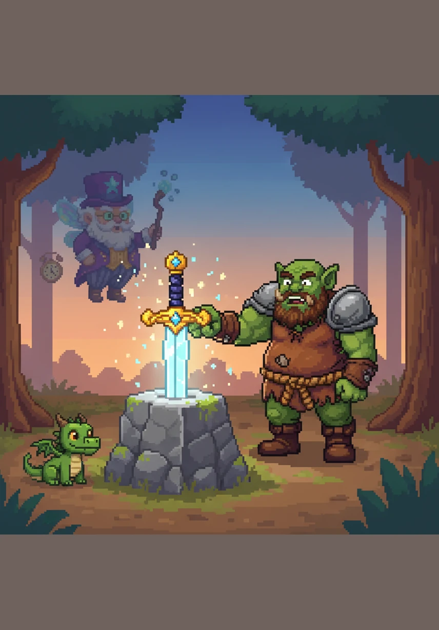With a frustrated huff, Barnaby grabs the golden hilt and gives it a casual tug, expecting it to be stuck fast. To his surprise, the blade slides out of the stone with a melodic ring, glowing with a magical light that makes the grumpy ogre squint.