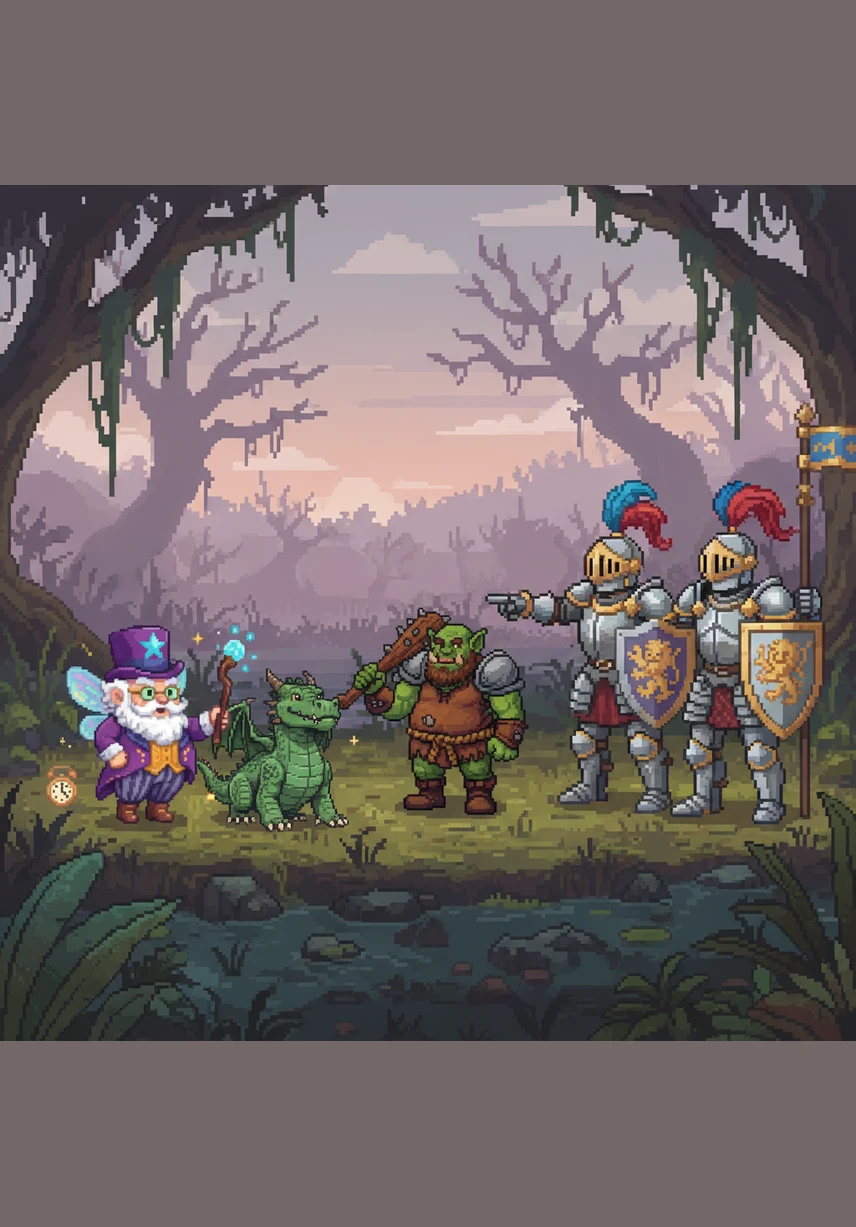 A group of pompous, shiny knights arrive at the edge of the swamp, gasping in horror to see their sacred relic in the hands of a messy ogre. They demand he hand it over immediately, but Barnaby just wants to know who is going to move the heavy rock he keeps tripping on.