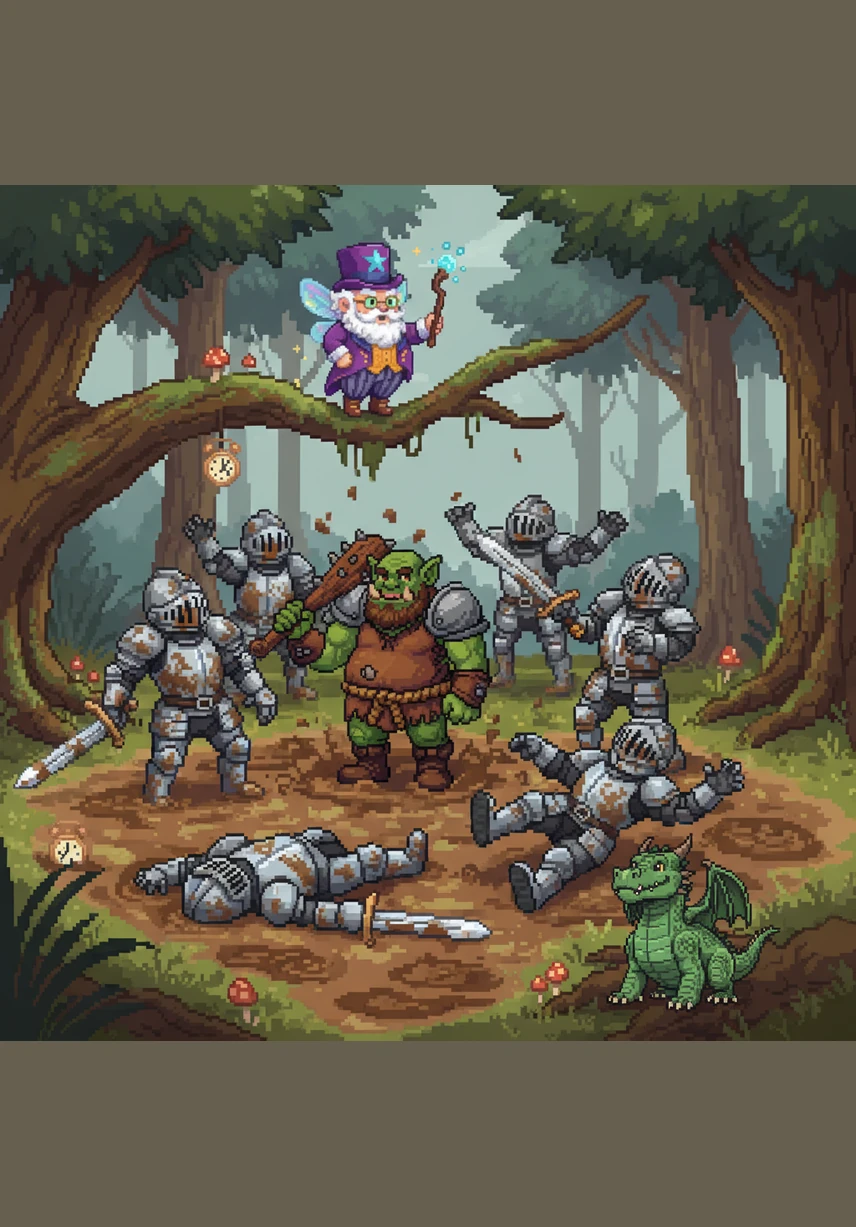 The knights try to take the sword by force, but they keep slipping in the thick mud and falling over each other in a clanking pile of metal armor. Barnaby watches them with a raised eyebrow, completely unimpressed by their clumsy attempts at heroism.