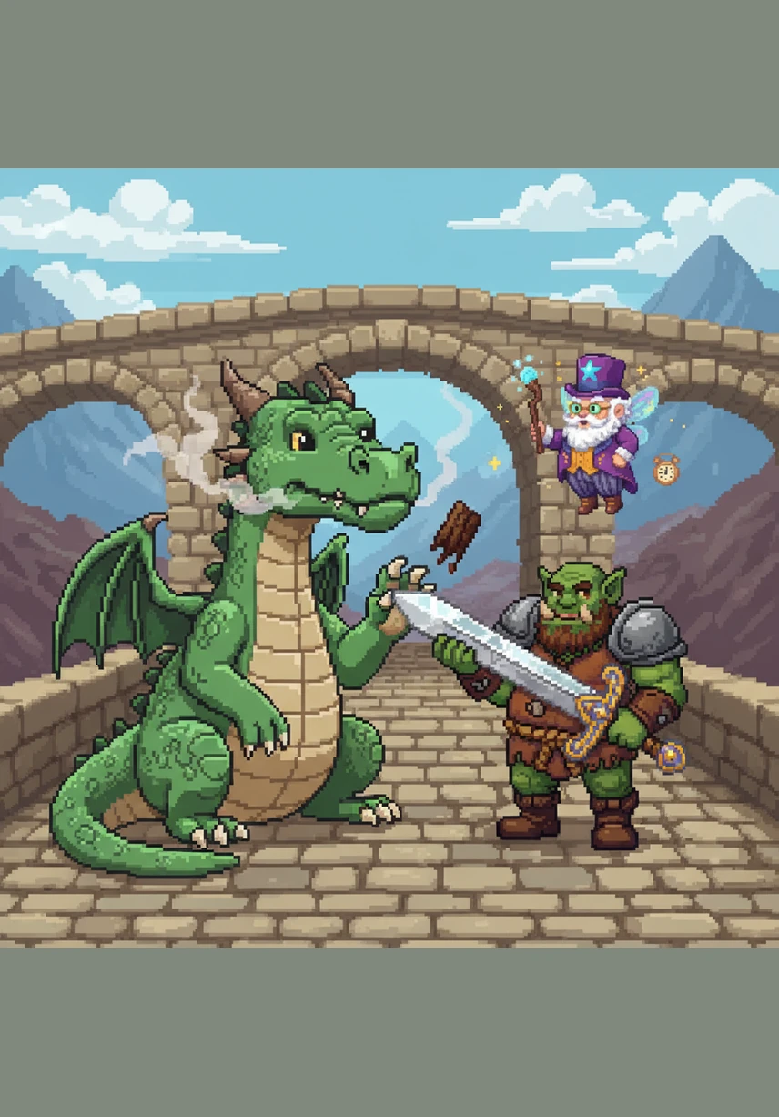 On the road, they encounter a massive, fire-breathing dragon guarding a bridge, but Barnaby realizes the beast just has a very painful splinter in its scaly paw. Instead of swinging the sword in battle, he uses the sharp tip of the blade as a giant pair of tweezers to help the dragon out.