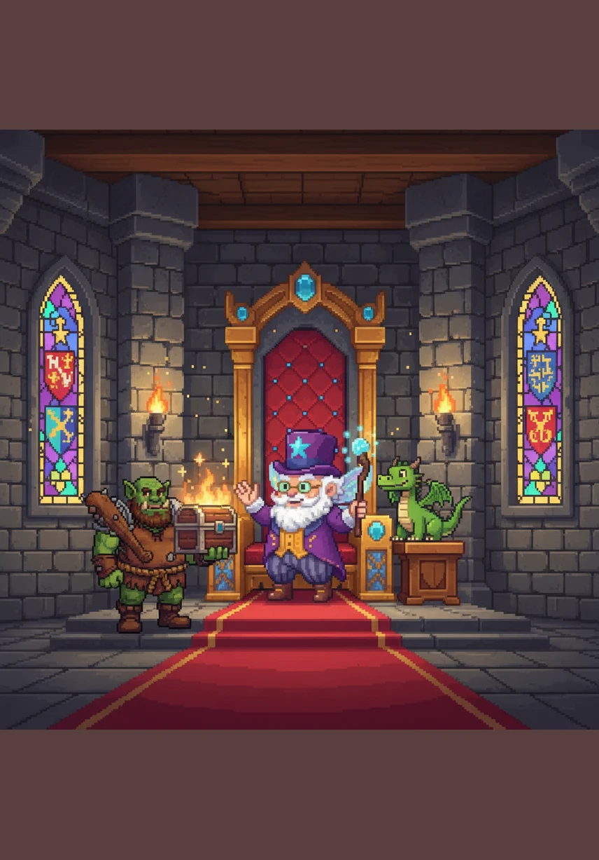 The dragon, now Barnaby’s best friend, gives him a lift to the royal castle, landing right in the middle of a very boring and stuffy coronation ceremony. The crowd gasps in terror and wonder as the giant ogre marches up to the empty throne with the glowing sword.