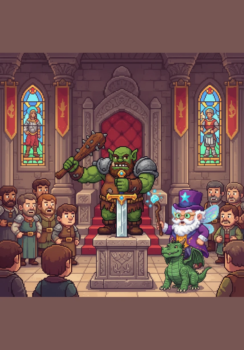 Barnaby slams the sword back into a decorative stone pedestal in the throne room, declaring he has no interest in being a king who wears itchy crowns. He tells the gathered people that a real leader is someone who helps others, not someone who just holds a fancy piece of metal.