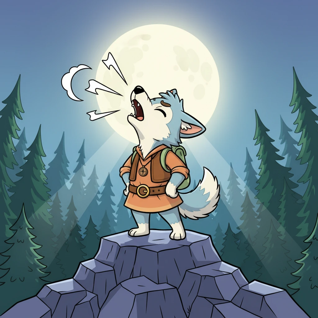 Mastan, a magnificent grey wolf with a proud stance, stands atop a craggy rock. His head is tilted back, emitting a powerful howl that echoes through the dark green forest stretching out behind him. Above, a luminous, glowing moon casts a magical light over the scene, highlighting the strength and spirit of the brave wolf.