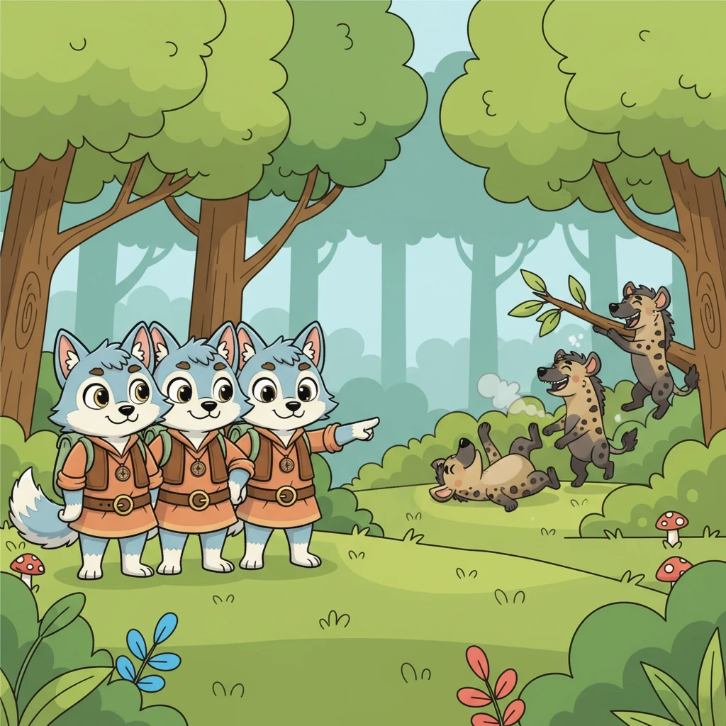 Deep within a vibrant green forest, two distinct groups of animals made their homes. On one side, a group of kind, grey wolves stood together, their calm expressions showing their cooperative spirit. In the distance, a mischievous pack of black and brown hyenas lurked, their playful yet noisy antics hinting at their love for a good squabble.