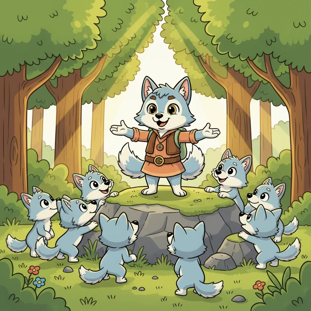 Mastan, the respected leader, a strong and wise grey wolf, stood confidently on a sun-dappled rock. Golden sunlight streamed through the lush green trees, illuminating the scene as the light grey wolves gathered eagerly around him. "Friends, stay together," Mastan declared with a warm smile, "We are stronger when we help each other!" The loyal wolves chimed in unison, "Yes, Mastan!"