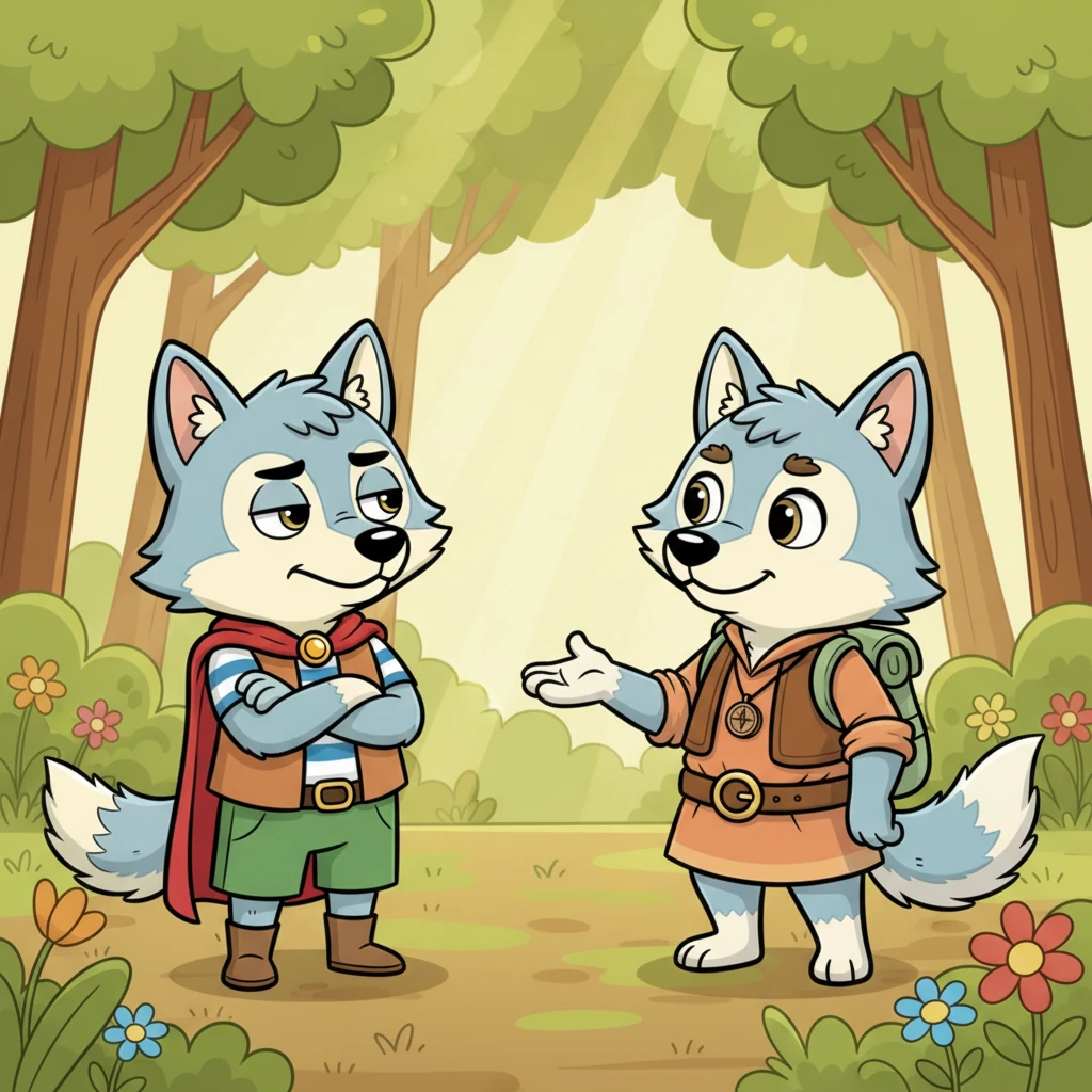 Among the wolves, a darker grey wolf named Kora harbored a secret frown, his thoughts swirling with jealousy: "I am strong. Why is Mastan the leader?" Sensing Kora's unease, Mastan, with his lighter grey fur, approached him gently. "Strength is good," Mastan wisely advised, "but loyalty and kindness are more important for a true leader." The forest hummed softly in the background.