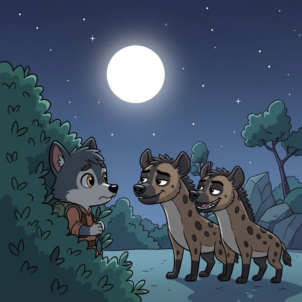 Under the cloak of a dark night, with a bright white full moon shining overhead and stars twinkling mischievously, Kora secretly met with the hyenas. He hid partially behind a thick bush, his dark grey fur blending into the shadows. The black and brown hyenas, with sly grins, leaned in as their leader whispered, "Will you help us beat Mastan?" Kora hesitated, replying, "I will not fight him."