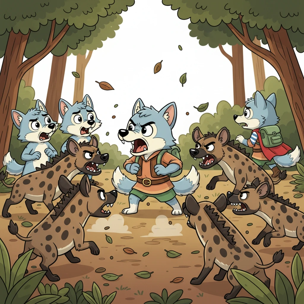 The very next day, the forest floor, a mix of brown and green, became the chaotic stage for a fierce battle. Mastan, the brave grey wolf, stood his ground in the middle of the fray, surrounded by a menacing circle of black and brown hyenas. "Wolves, stay together!" he roared, but in a tragic twist, Kora was seen sneaking away into the trees, leaving the other wolves utterly shocked as Mastan fought valiantly until his last breath.