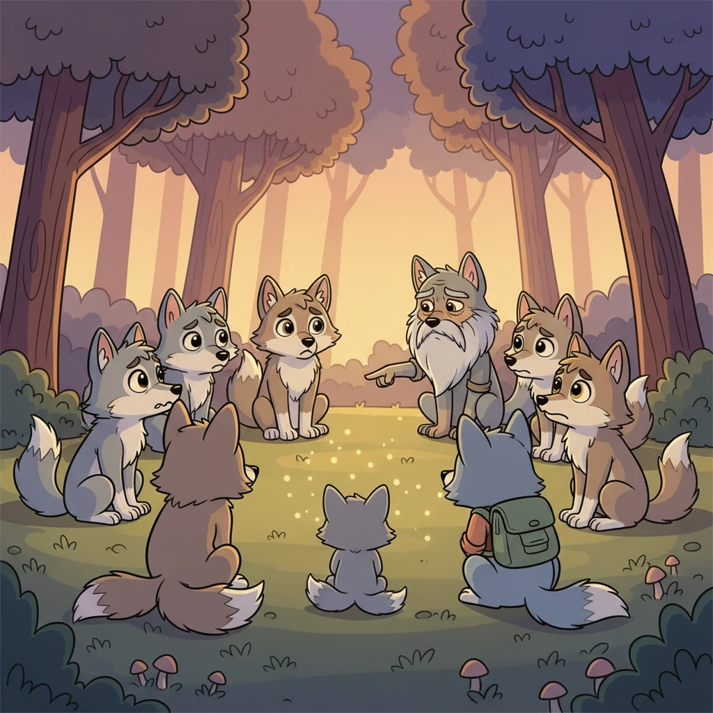 A soft evening light filtered through the forest as the wolves, in various shades of grey, sat in a somber circle, overwhelmed by sadness and confusion. A little wolf, his eyes wide with worry, whimpered, "What happened?" An old, wise wolf, pointing thoughtfully towards the empty space where Mastan once stood, declared with determination, "We must find out who betrayed Mastan."
