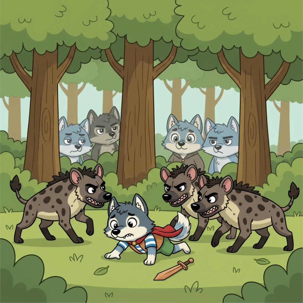 The wolves soon uncovered Kora’s shameful betrayal and carefully devised a plan for justice. In the next skirmish, Kora, the dark grey wolf, found himself deliberately placed at the front lines. When the black and brown hyenas inevitably surrounded him, no wolf emerged from behind the lush green trees to offer aid, and Kora was swiftly defeated, facing the consequences of his disloyalty alone.