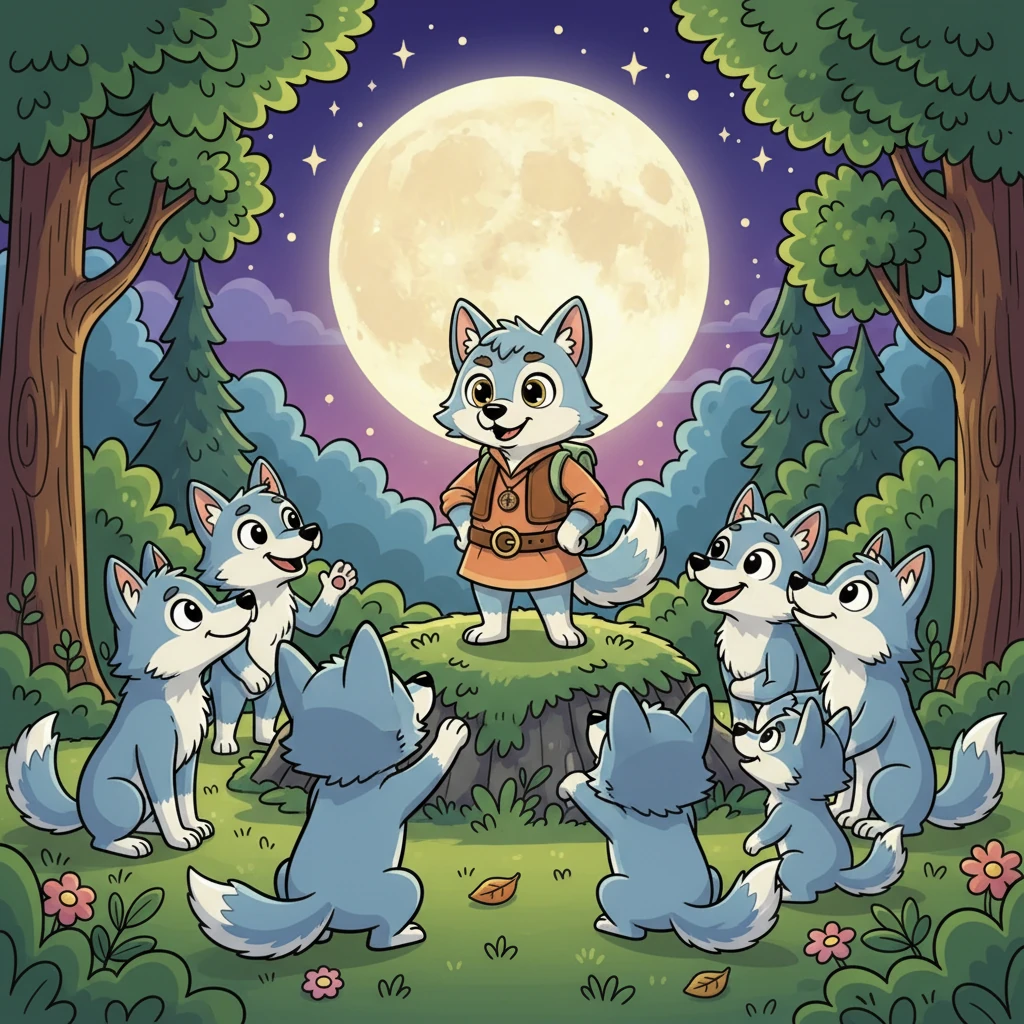 After the fight, under a bright, glowing full moon with stars twinkling above a vibrant forest green, the grey wolves joyfully gathered to choose a new leader. "We need a leader who is honest and kind!" they all agreed, their voices filled with hope. With their new, proud leader standing tall, the wolves lived happily again, forever remembering Mastan’s enduring lesson: "Unity, honesty, and loyalty make us strong."